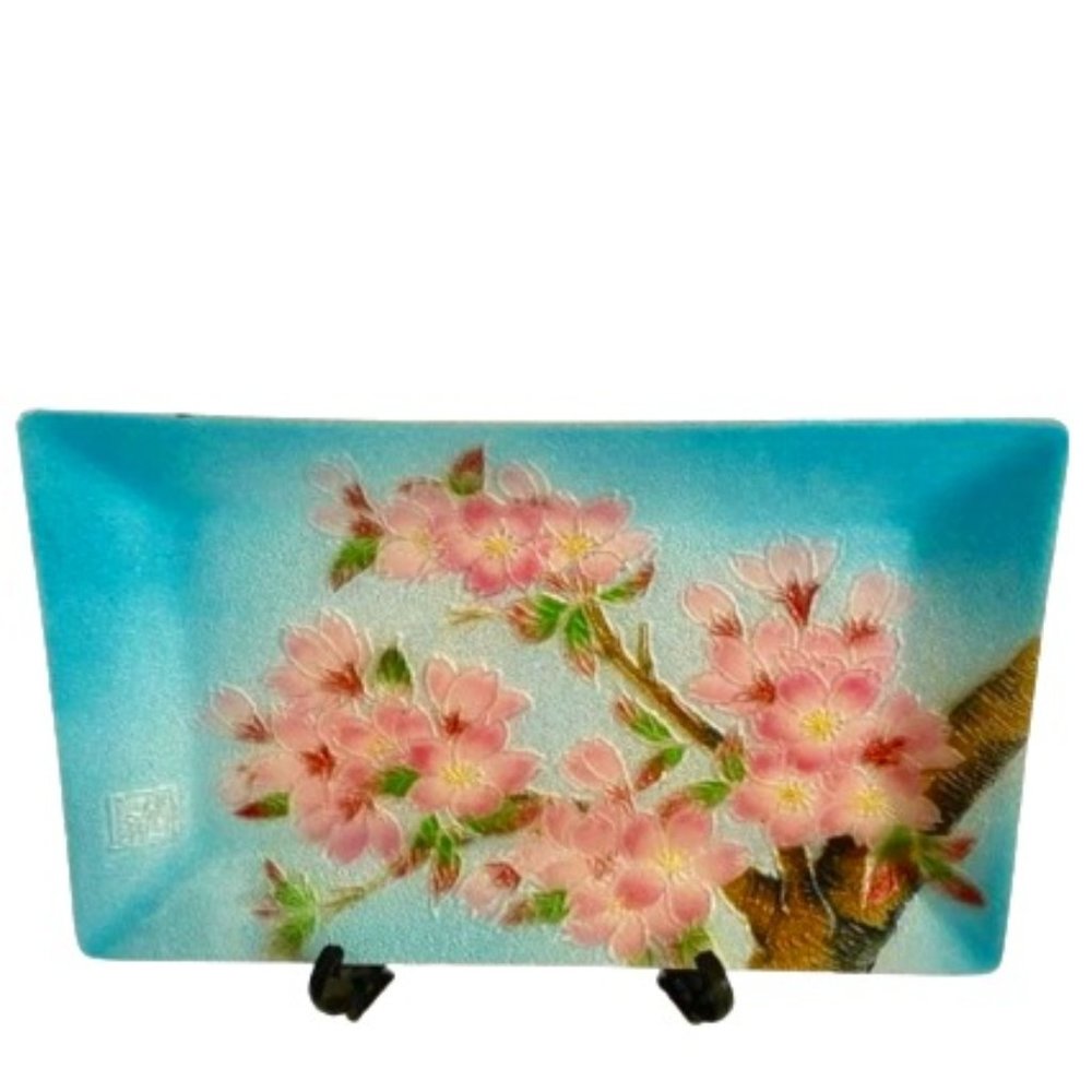 Japanese Shippo Cloisonné Cherry Blossom Handmade Enamel Tray & Stand
